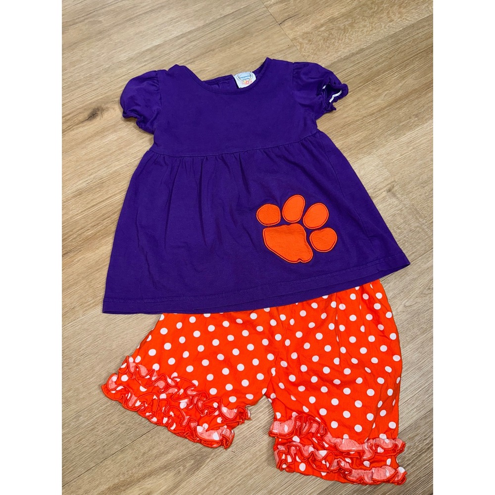 Clemson Purple Orange Paw Print Ruffle Polka Dot Shorts Set Game Day Outfit